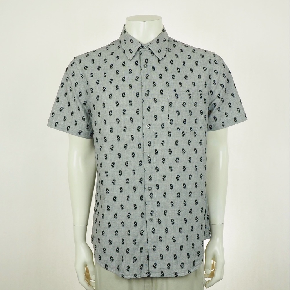 Mr Turk Button Down Shirt Mens Large Gray AOP Print Short Sleeve Cotton Blend